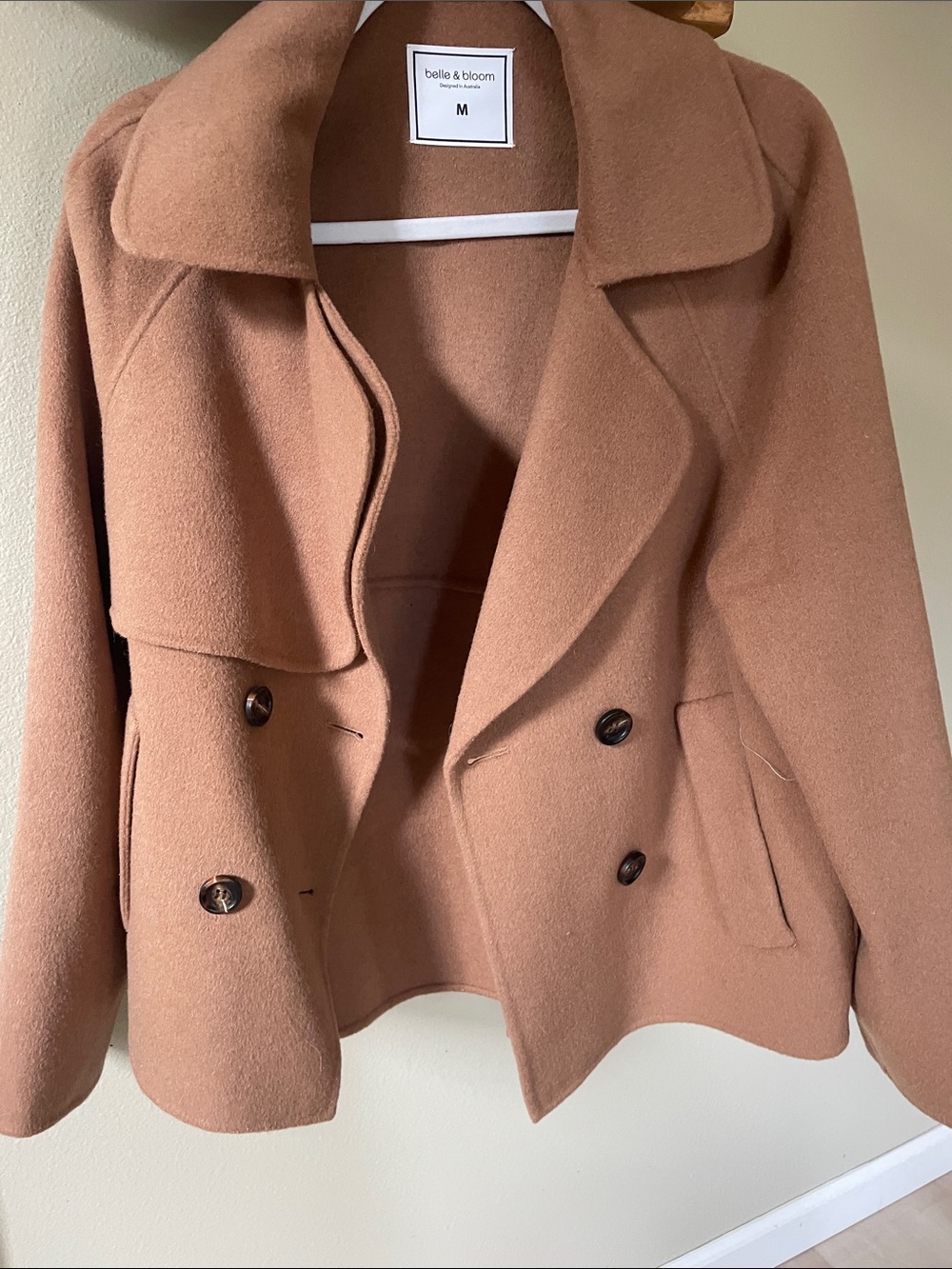 bella & bloom Camel Double-Breasted Wool Peacoat - M